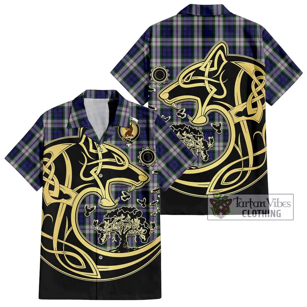 Baird Dress Tartan Short Sleeve Button Shirt with Family Crest Celtic Wolf Style