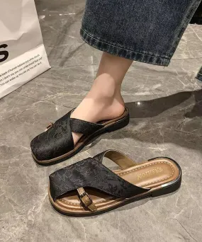 Chinese Style Black Hollow Out Print Satin Slide Sandals AP1034