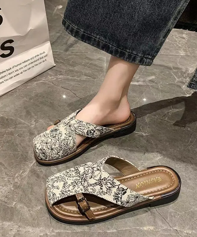 Chinese Style Black Hollow Out Print Satin Slide Sandals AP1034