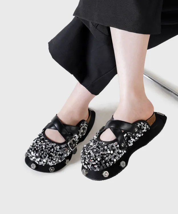 Fashion Platform Slide Sandals Black Cowhide Leather Sequins DD1013