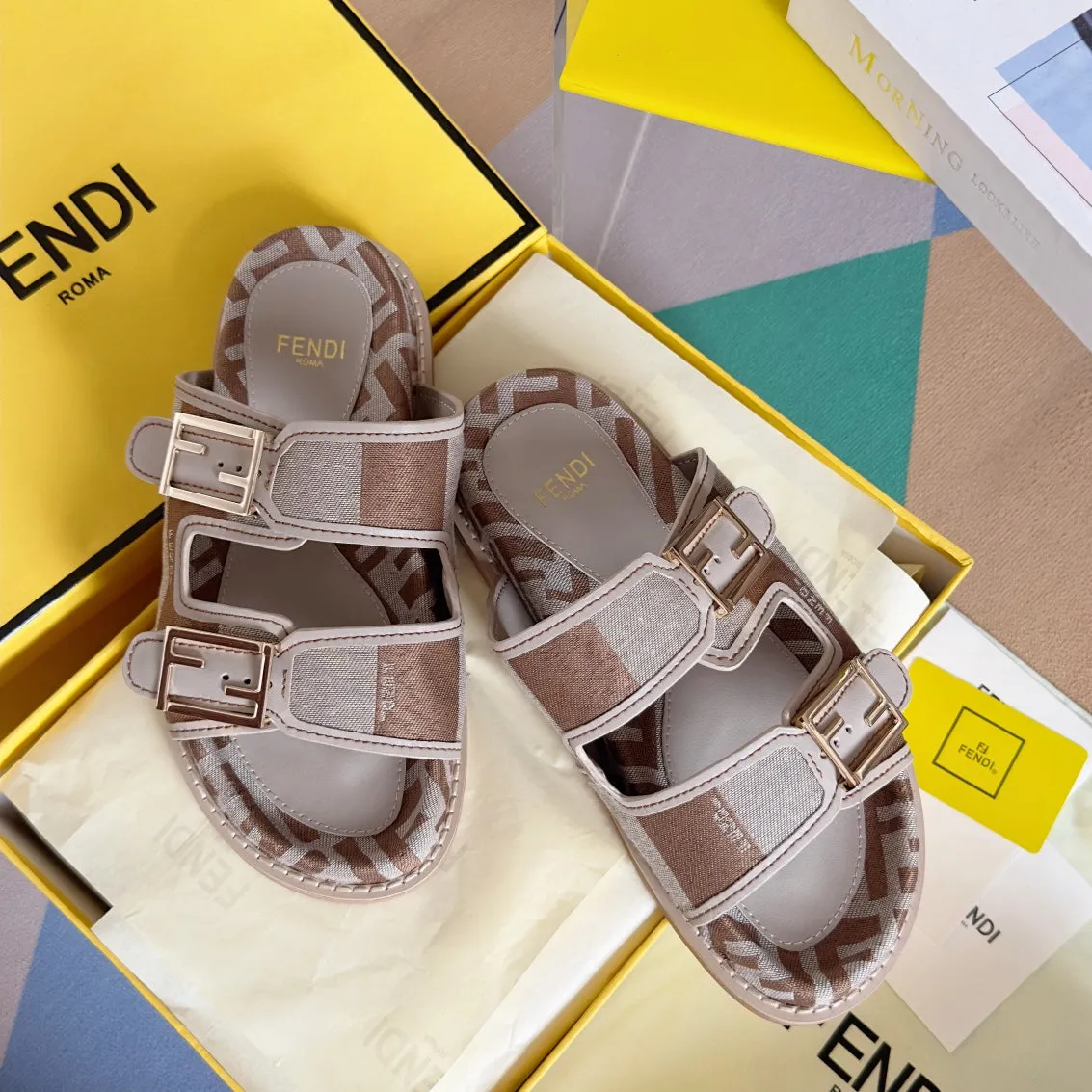 FF Feel Light Brown Grey Canvas Slide