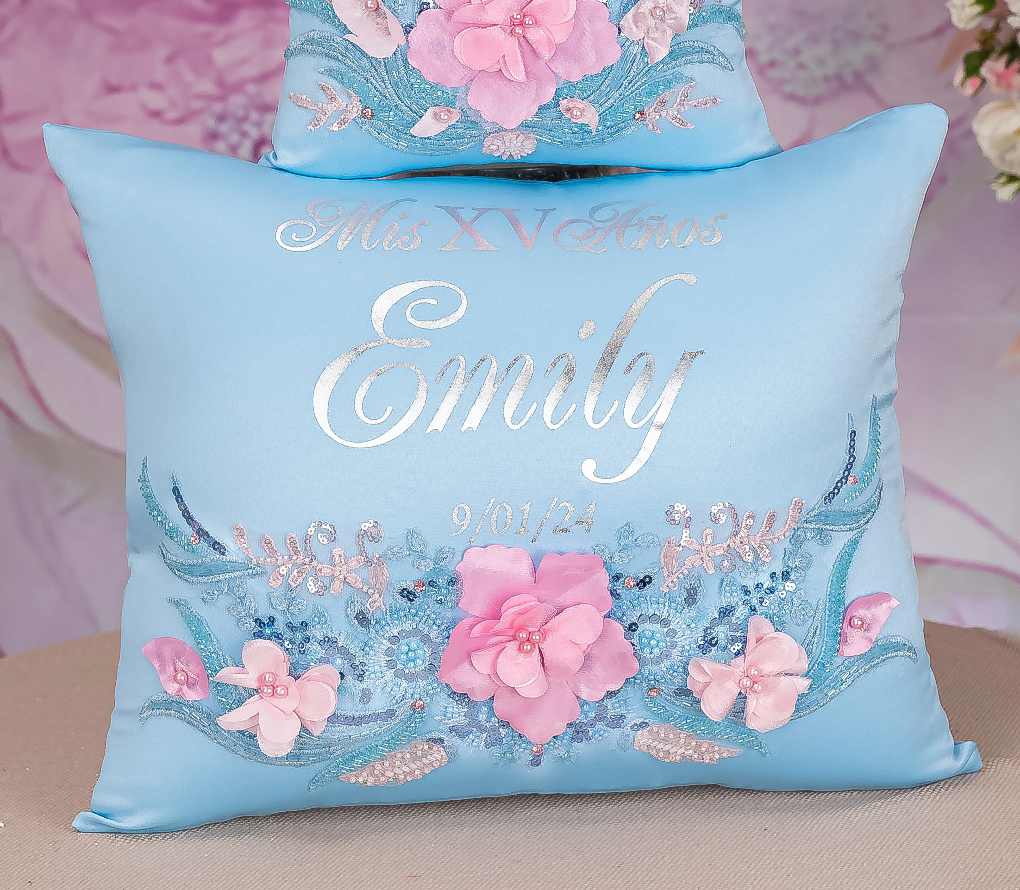 Light blue with pink quinceanera kneeling pillow, shoes pillow