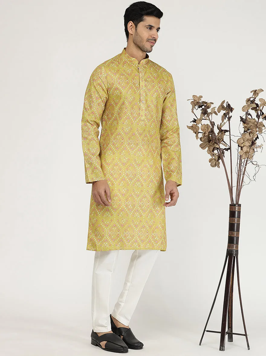 Mustard Yellow Printed Silk Blend Kurta for Men