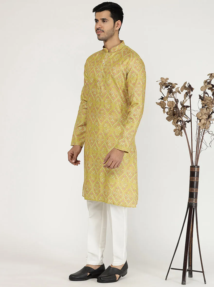 Mustard Yellow Printed Silk Blend Kurta for Men